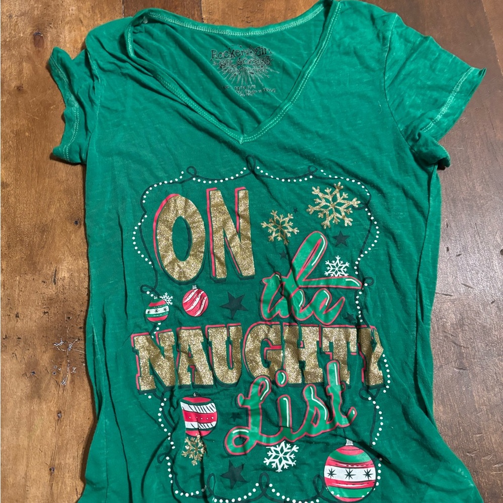 Green Short Sleeve Tee with Festive Print